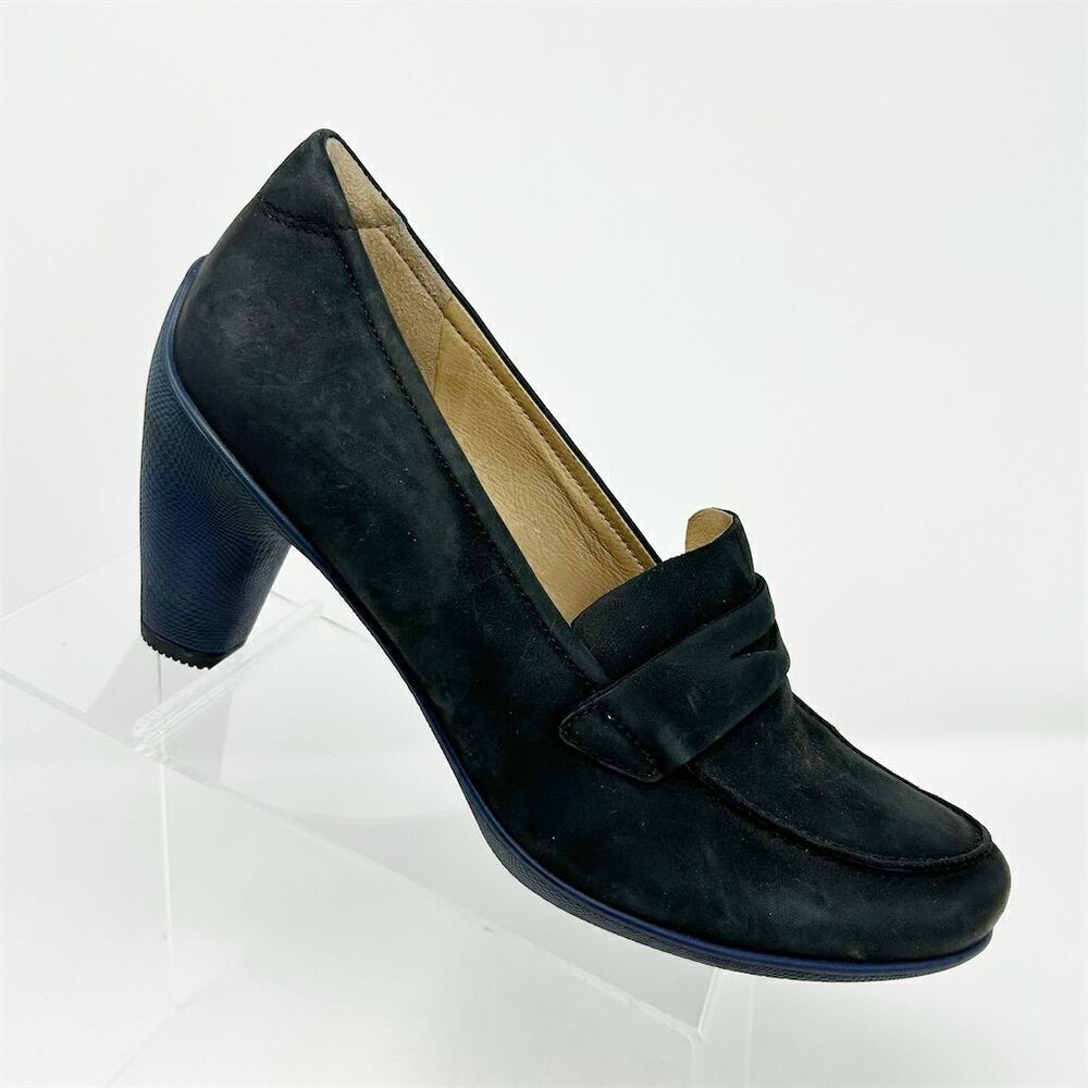 ECCO Women's Black Leather and Blue Heeled Loafers Size 41 Formal Mule